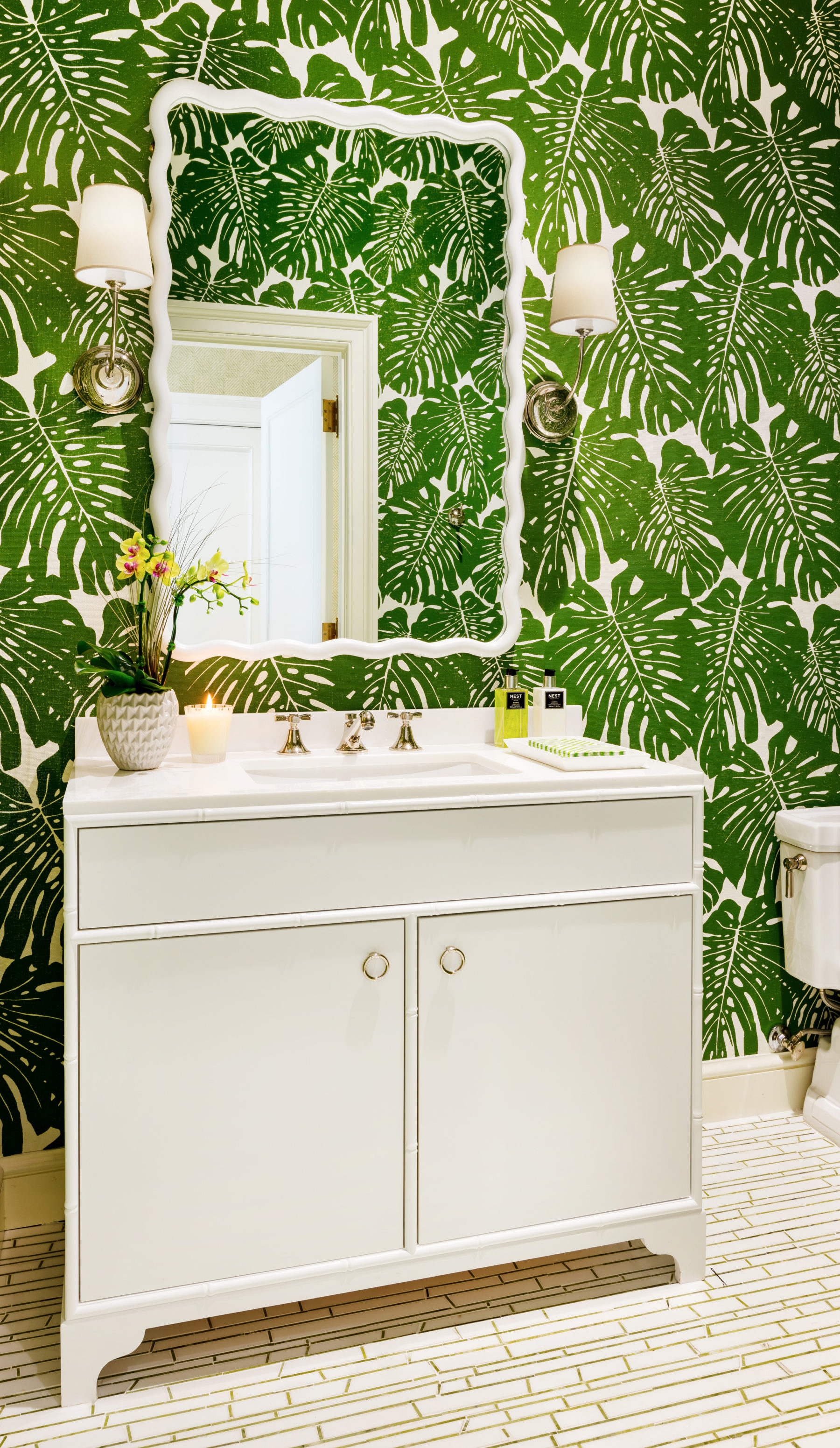 McCann Design Group Office Bathroom with palm wallpaper