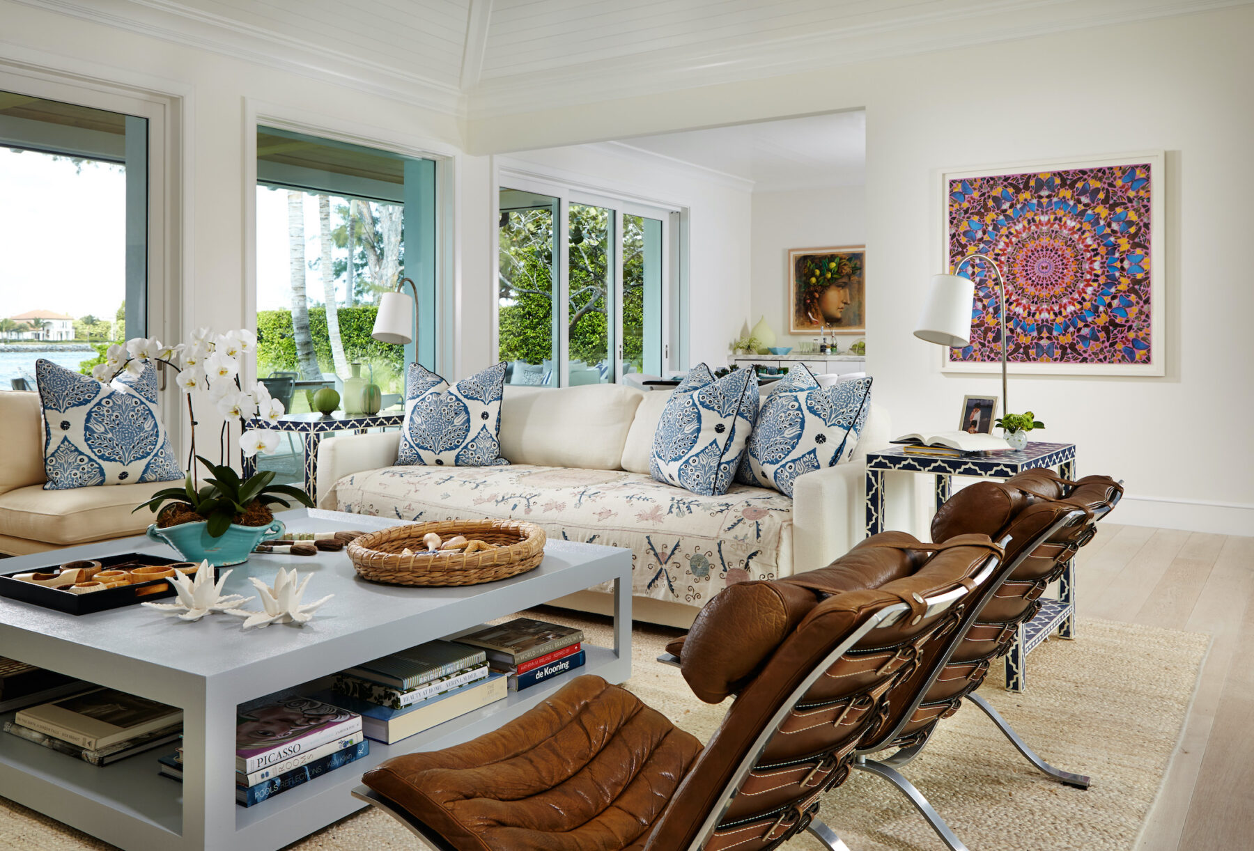 Coastal living room with blue decor and artwork