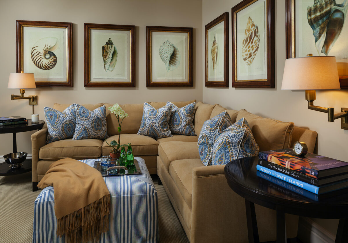 living room with brown couch, blue accents, and wall art featuring shells