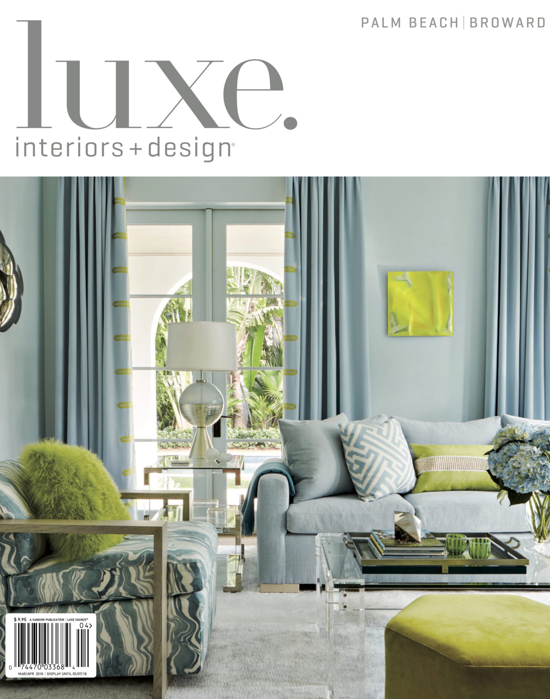 Cover of Luxe Interiors Magazine April 2018 featuring blue and green living room