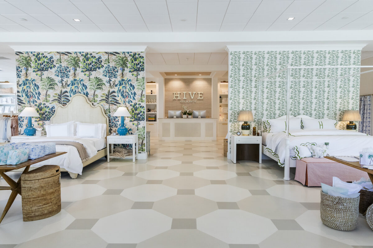 hive bed and bath showroom floor with multiple beds and checkout counter